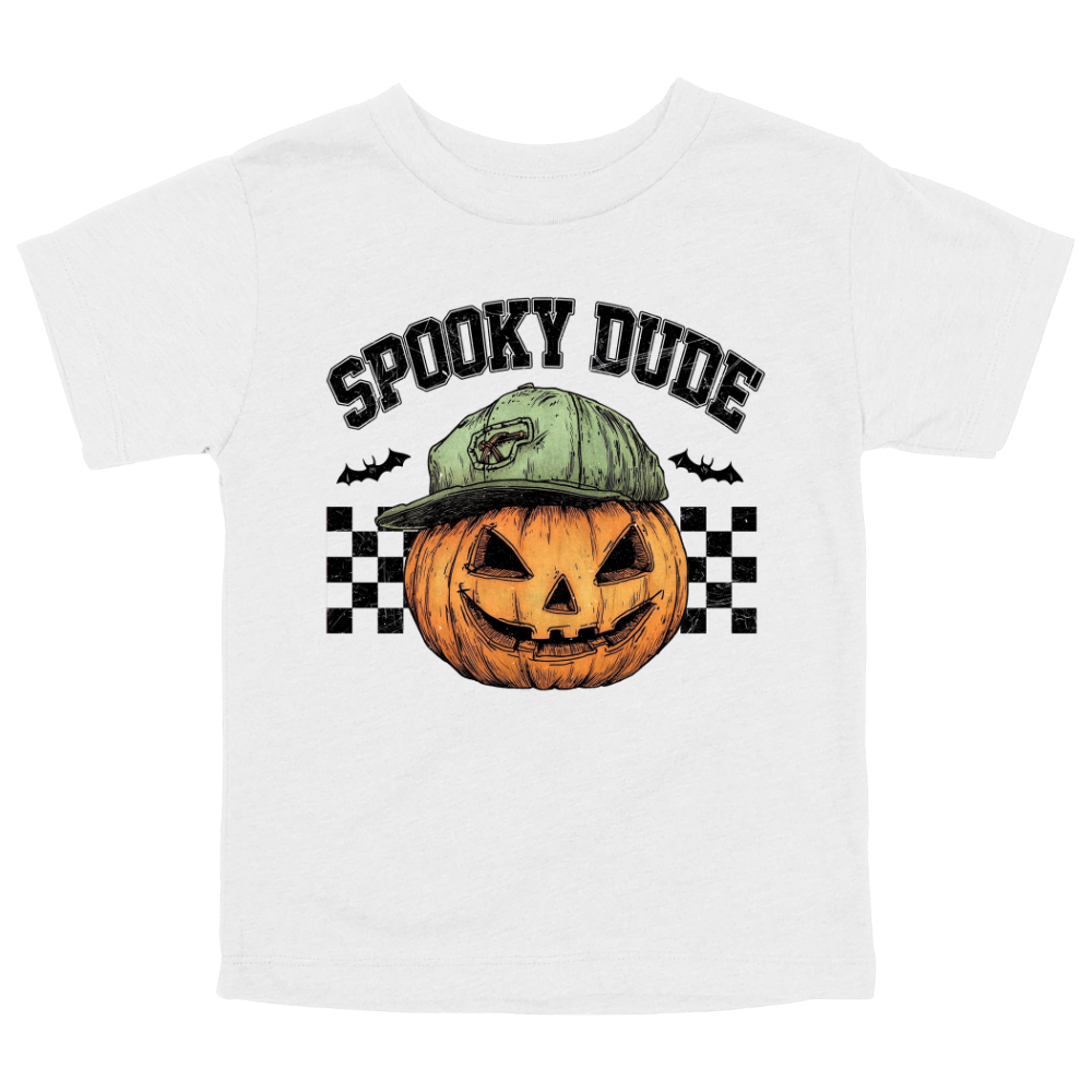 White toddler T-shirt with a jack-o'-lantern wearing a green cap, checkered background, and “Spooky Dude” text above