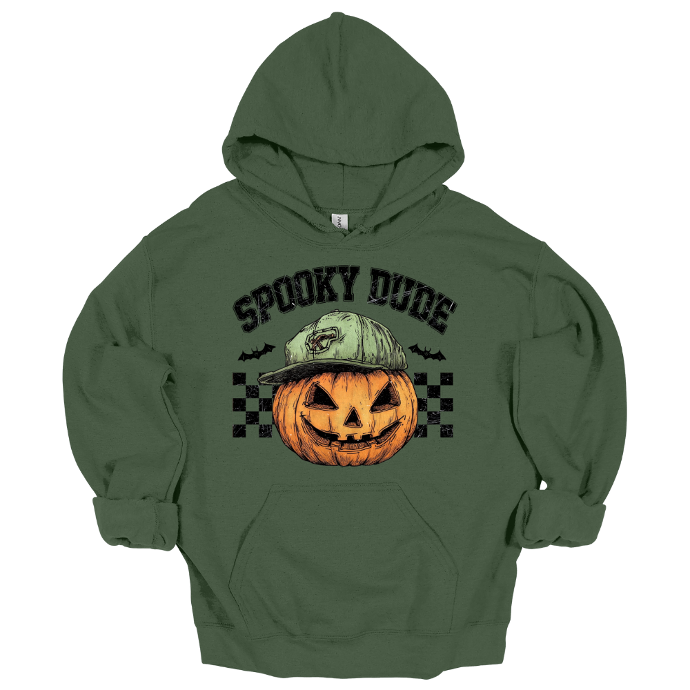 Military green youth Halloween hoodie with “Spooky Dude” design featuring a pumpkin with a backwards cap and checkerboard background