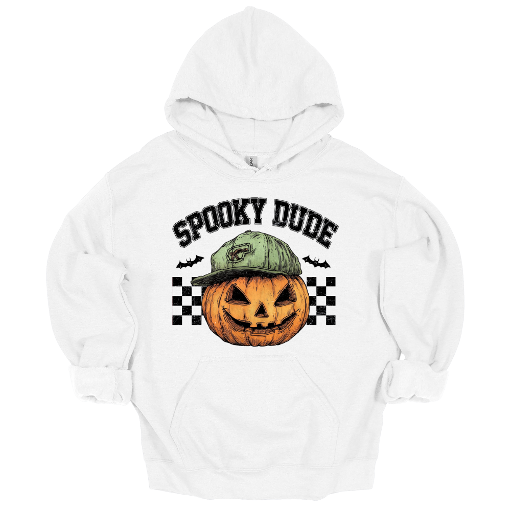 White youth Halloween hoodie with “Spooky Dude” design featuring a pumpkin with a backwards cap and checkerboard background