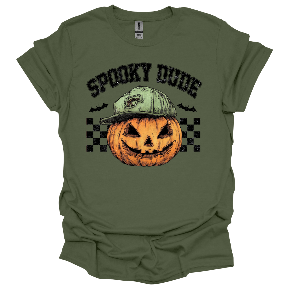 military green youth Halloween shirt with “Spooky Dude” design featuring a pumpkin with a backwards cap and checkerboard background