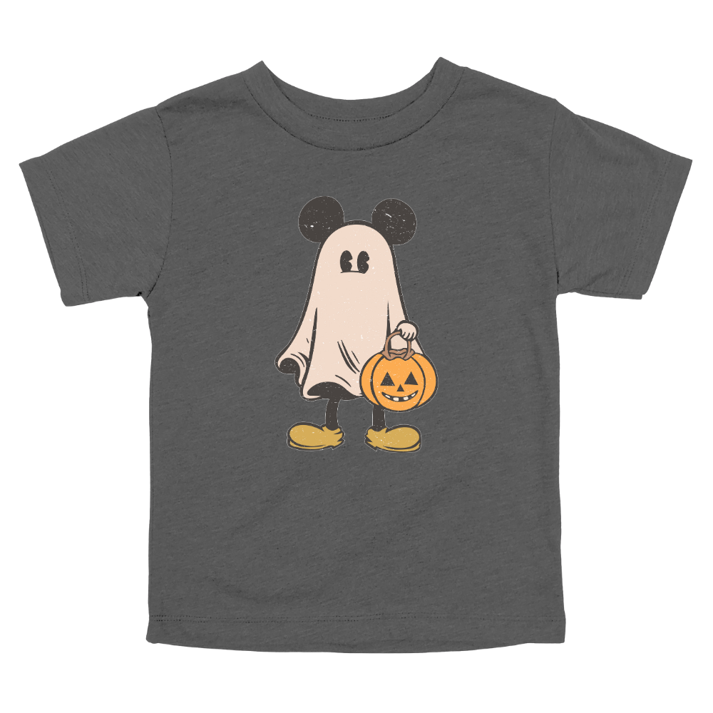 Dark Gray Toddler Halloween t-shirt with ghost dressed in Mickey-inspired costume holding a pumpkin candy bucket
