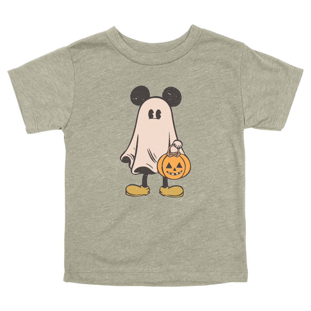 Stone colored Toddler Halloween t-shirt with ghost dressed in Mickey-inspired costume holding a pumpkin candy bucket