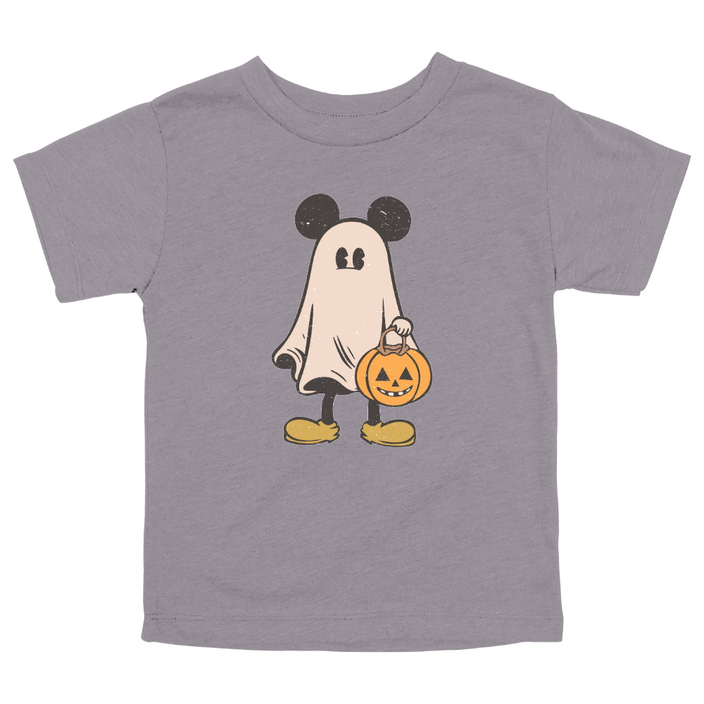 Storm colored Toddler Halloween t-shirt with ghost dressed in Mickey-inspired costume holding a pumpkin candy bucket