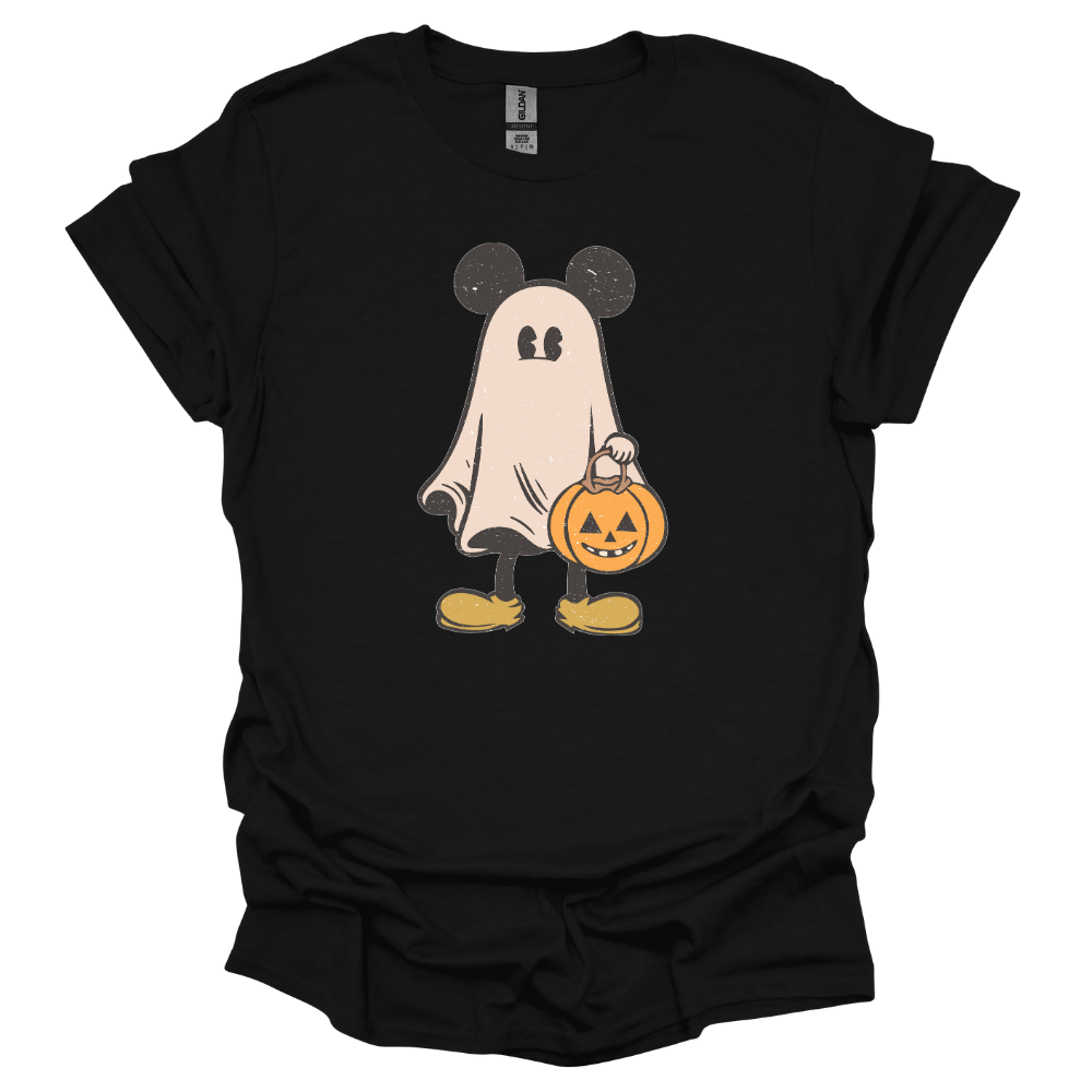 Cartoon ghost with mouse ears holding a jack-o'-lantern bucket, wearing yellow shoes on a black youth T-shirt