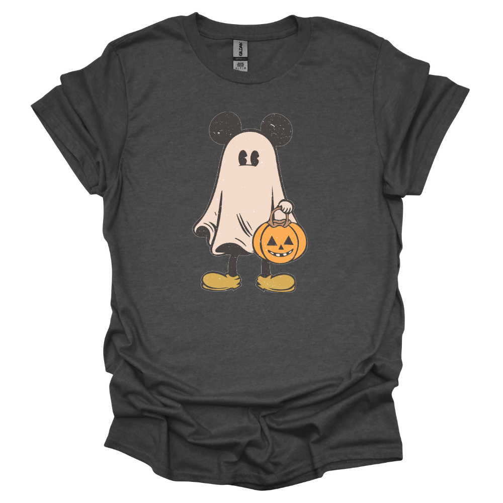 Cartoon ghost with mouse ears holding a jack-o'-lantern bucket, wearing yellow shoes on a dark gray youth T-shirt