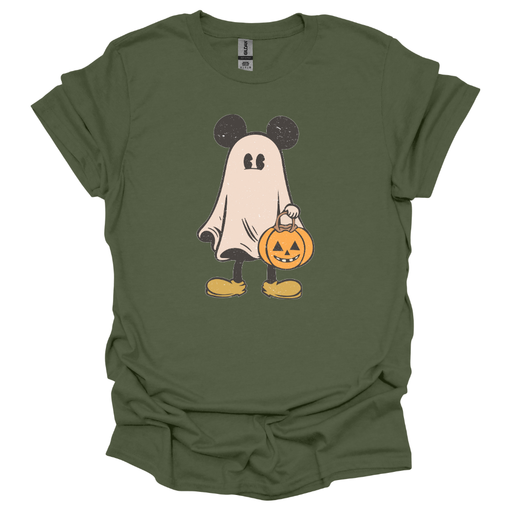 Cartoon ghost with mouse ears holding a jack-o'-lantern bucket, wearing yellow shoes on a military green youth T-shirt