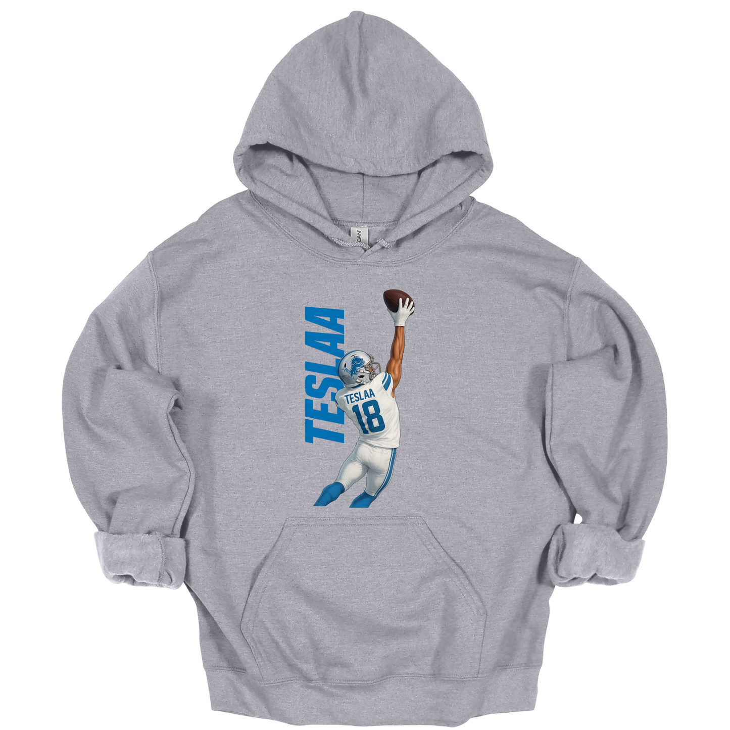 Isaac TeSlaa one-handed catch design printed on a light gray hoodie celebrating his first NFL touchdown with the Detroit Lions