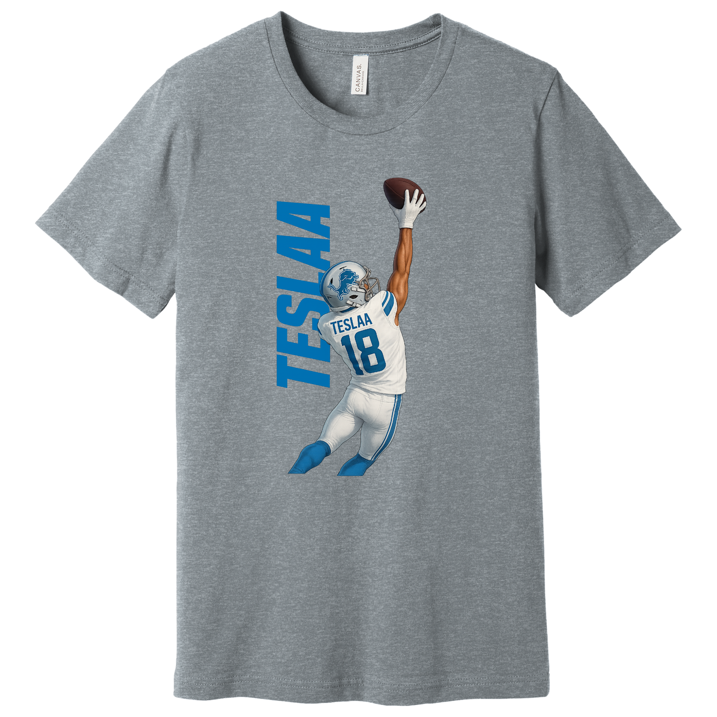 Isaac TeSlaa one-handed catch design printed on a athletic heather tee celebrating his first NFL touchdown with the Detroit Lions