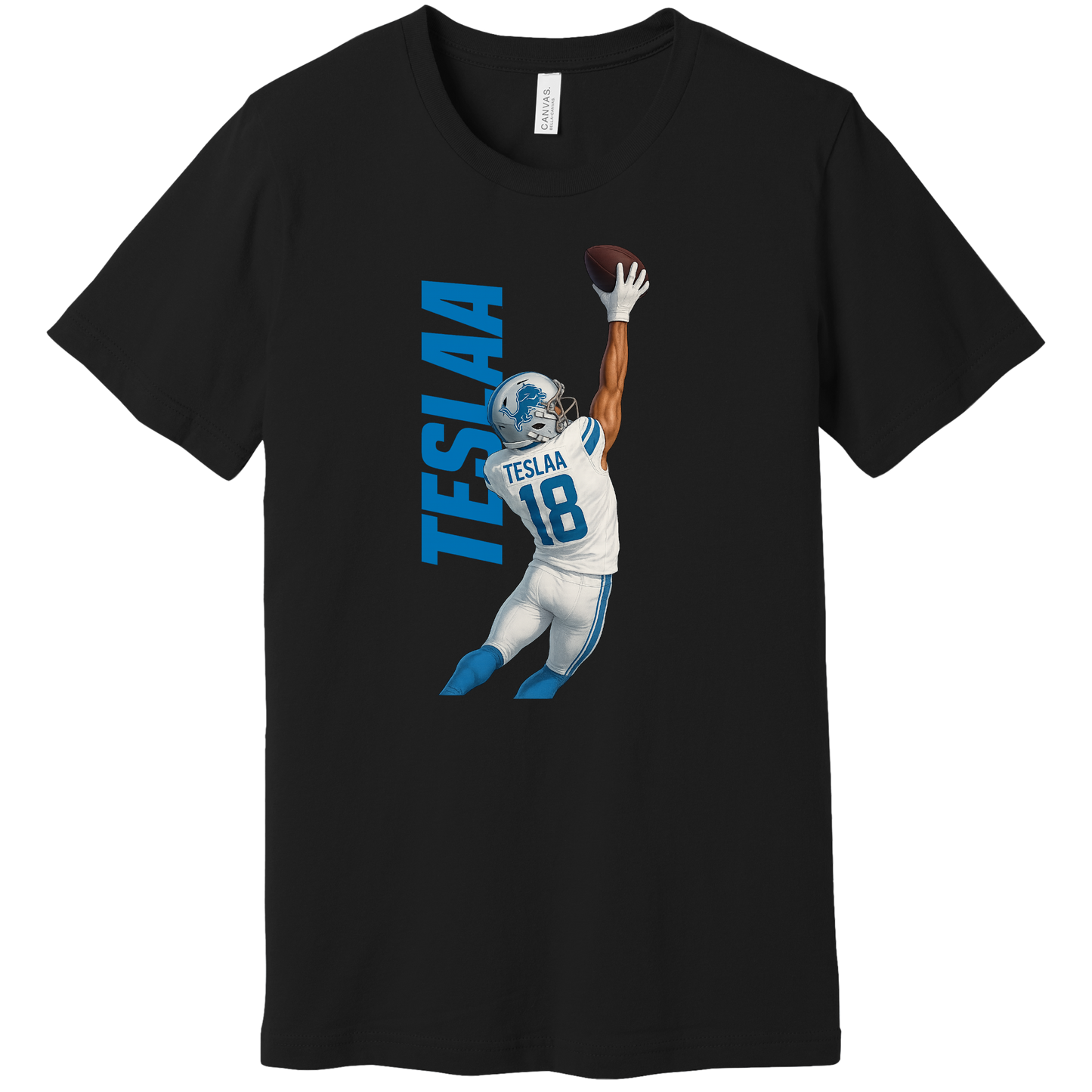 Isaac TeSlaa one-handed catch design printed on a black tee celebrating his first NFL touchdown with the Detroit Lions
