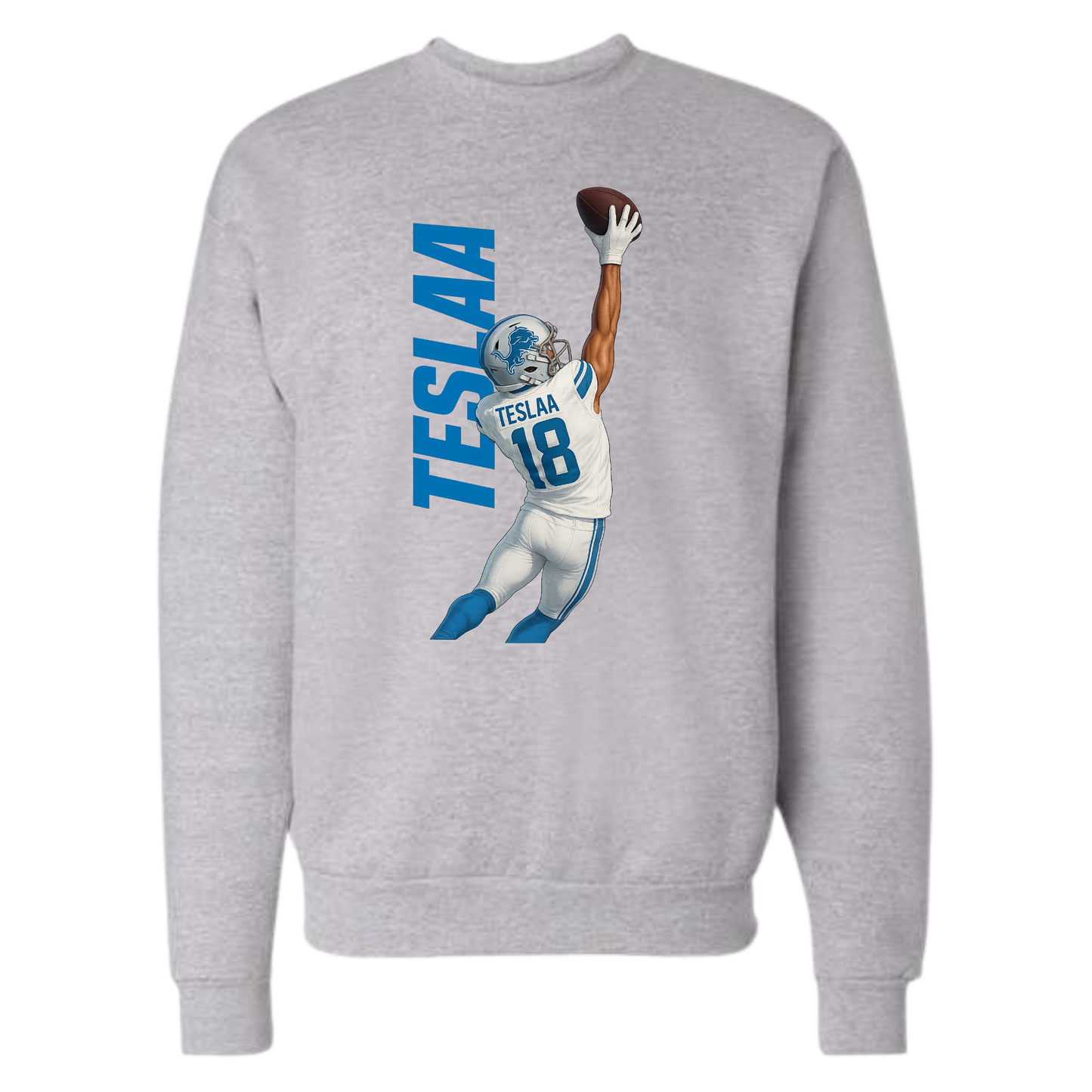 "Isaac TeSlaa one-handed catch design printed on a light gray crewneck celebrating his first NFL touchdown with the Detroit Lions"