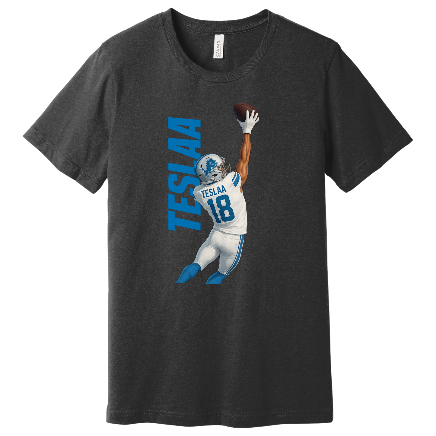 "Isaac TeSlaa one-handed catch design printed on a dark gray heather tee celebrating his first NFL touchdown with the Detroit Lions"