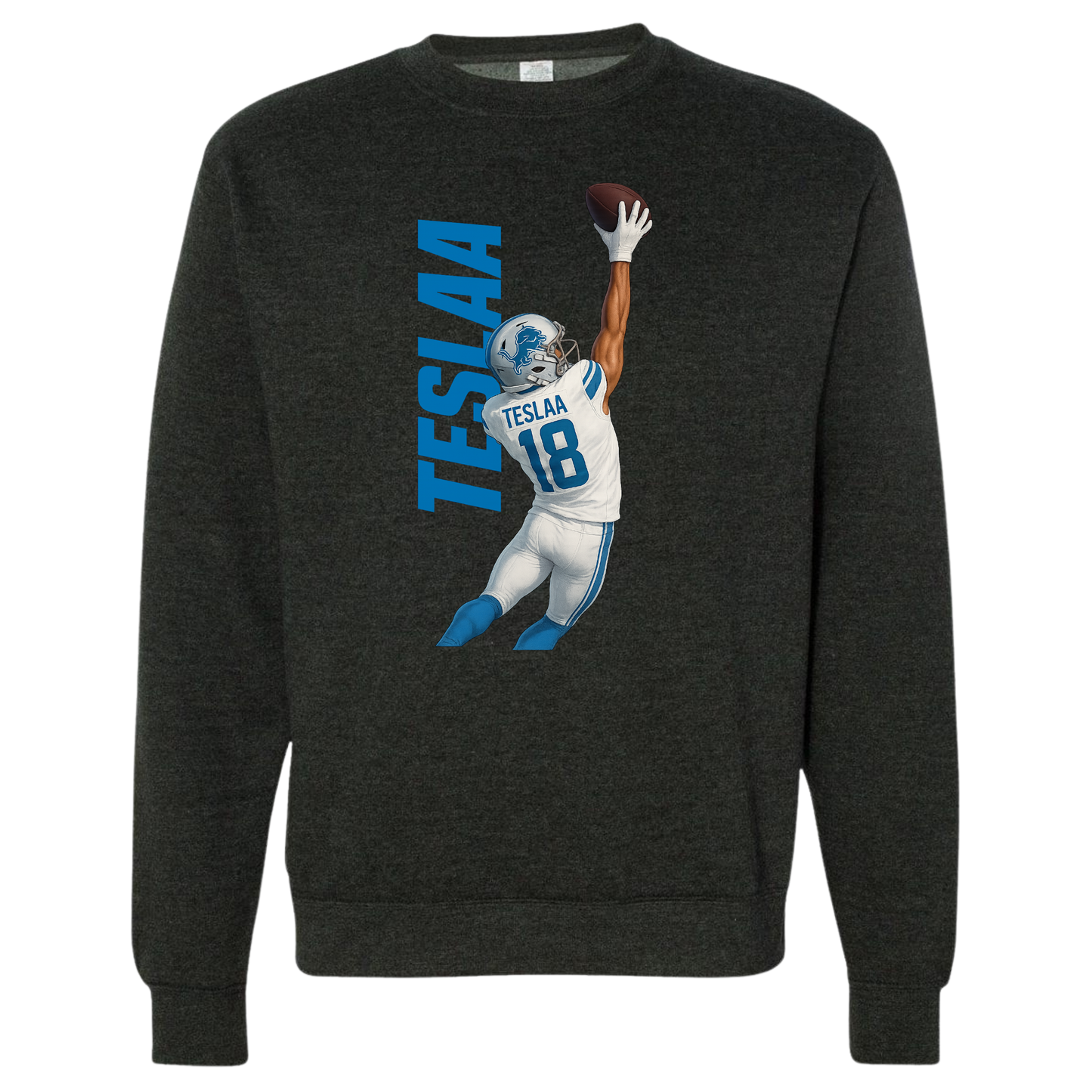 Isaac TeSlaa one-handed catch design printed on a charcoal heather crewneck celebrating his first NFL touchdown with the Detroit Lions