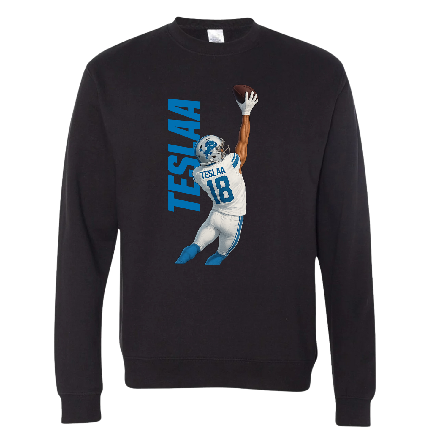 Isaac TeSlaa one-handed catch design printed on a black crewneck celebrating his first NFL touchdown with the Detroit Lions