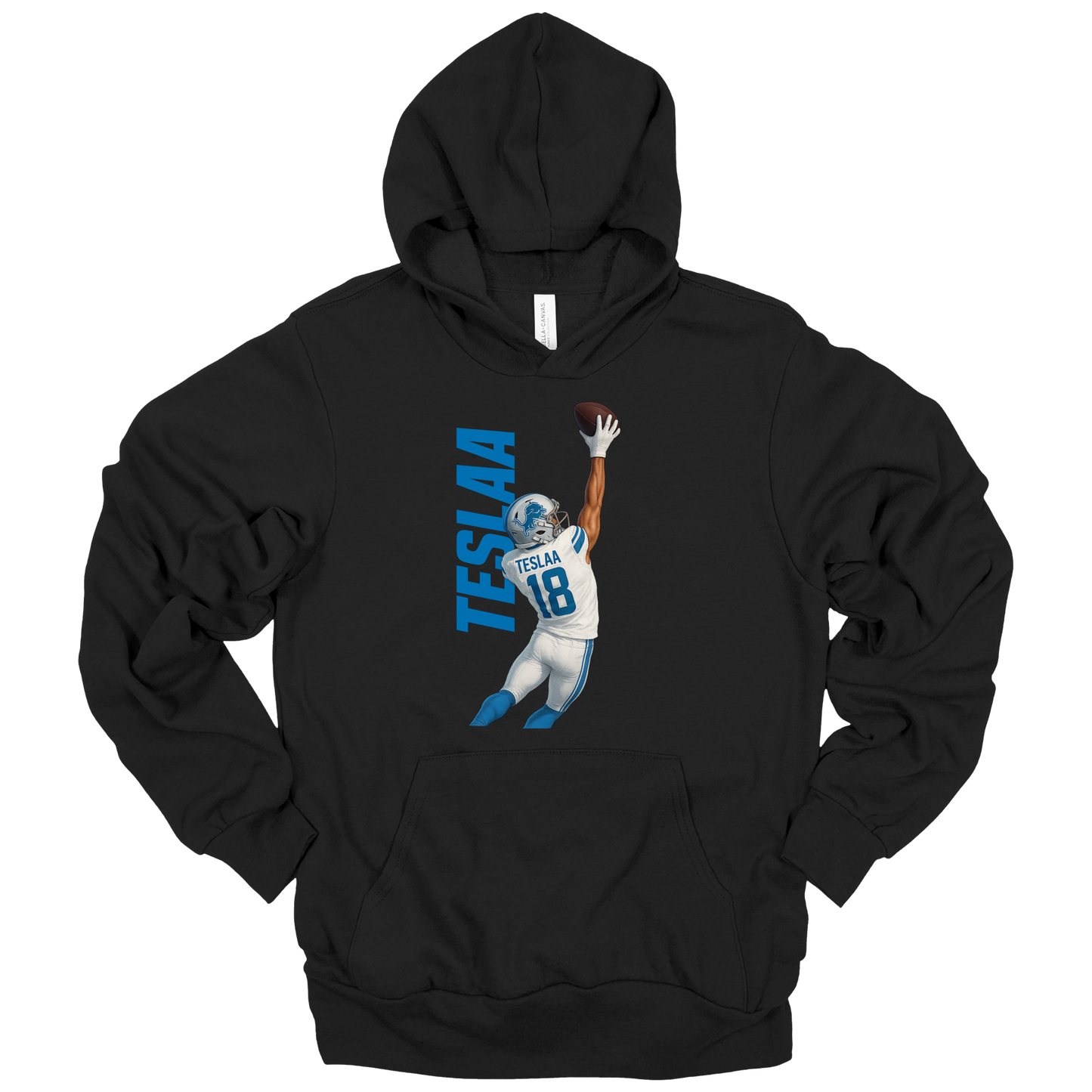 "Isaac TeSlaa one-handed catch design printed on a black hoodie celebrating his first NFL touchdown with the Detroit Lions"