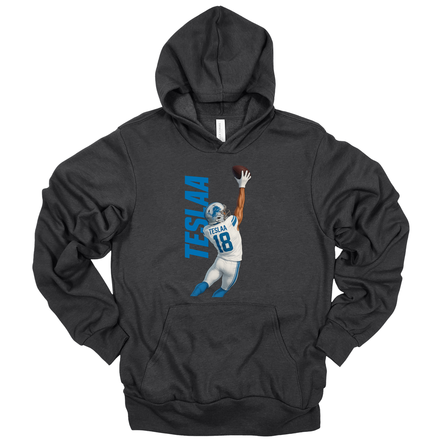 "Isaac TeSlaa one-handed catch design printed on a Charcoal Heather hoodie celebrating his first NFL touchdown with the Detroit Lions"