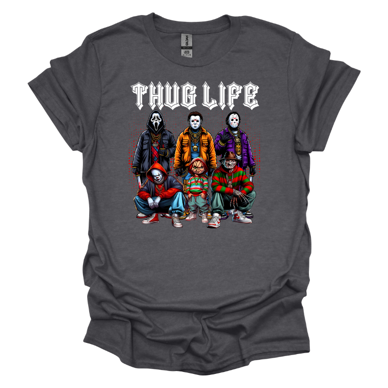 Graphic tee featuring horror movie characters sitting and standing under bold white gothic-style “THUG LIFE” text on a dark heather tee