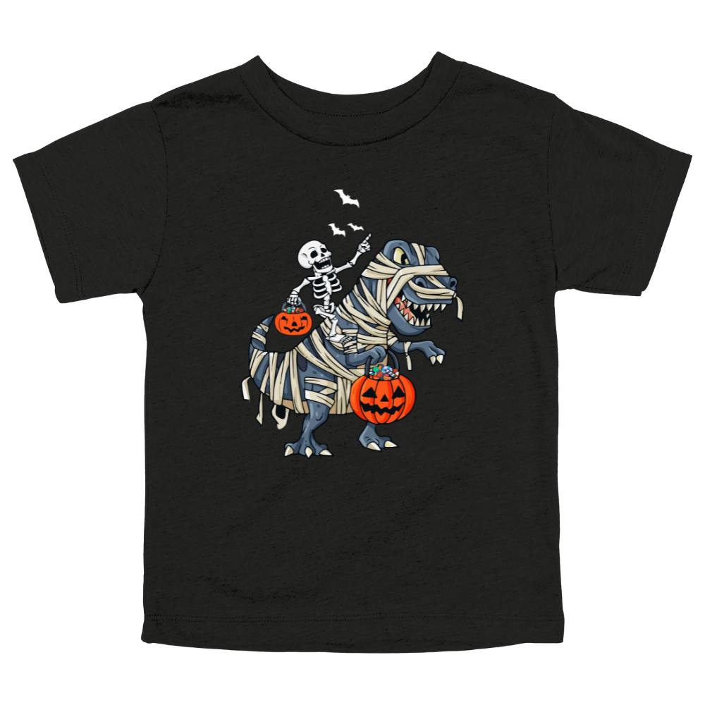 Cute Halloween graphic on black toddler shirt with skeleton riding a mummy-wrapped T-Rex holding pumpkins