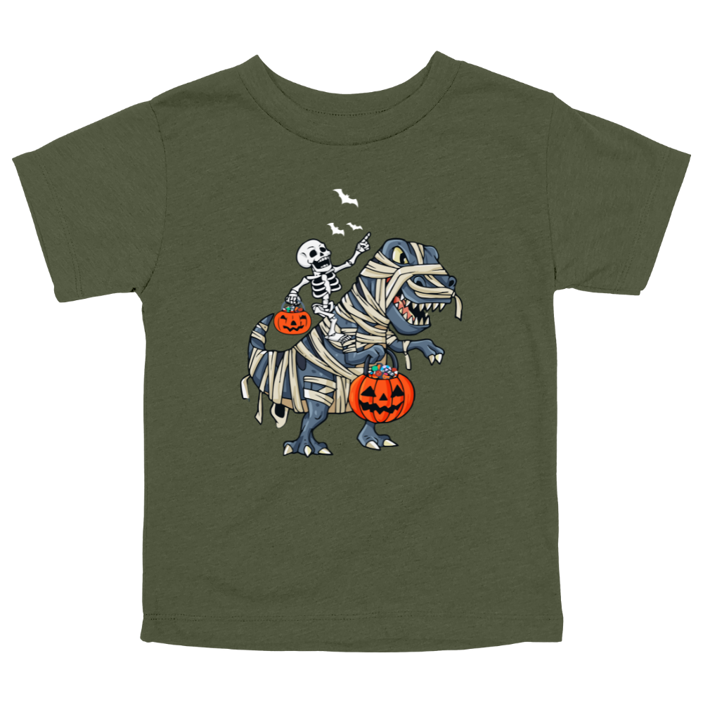 Cute Halloween graphic on military green colored toddler shirt with skeleton riding a mummy-wrapped T-Rex holding pumpkins