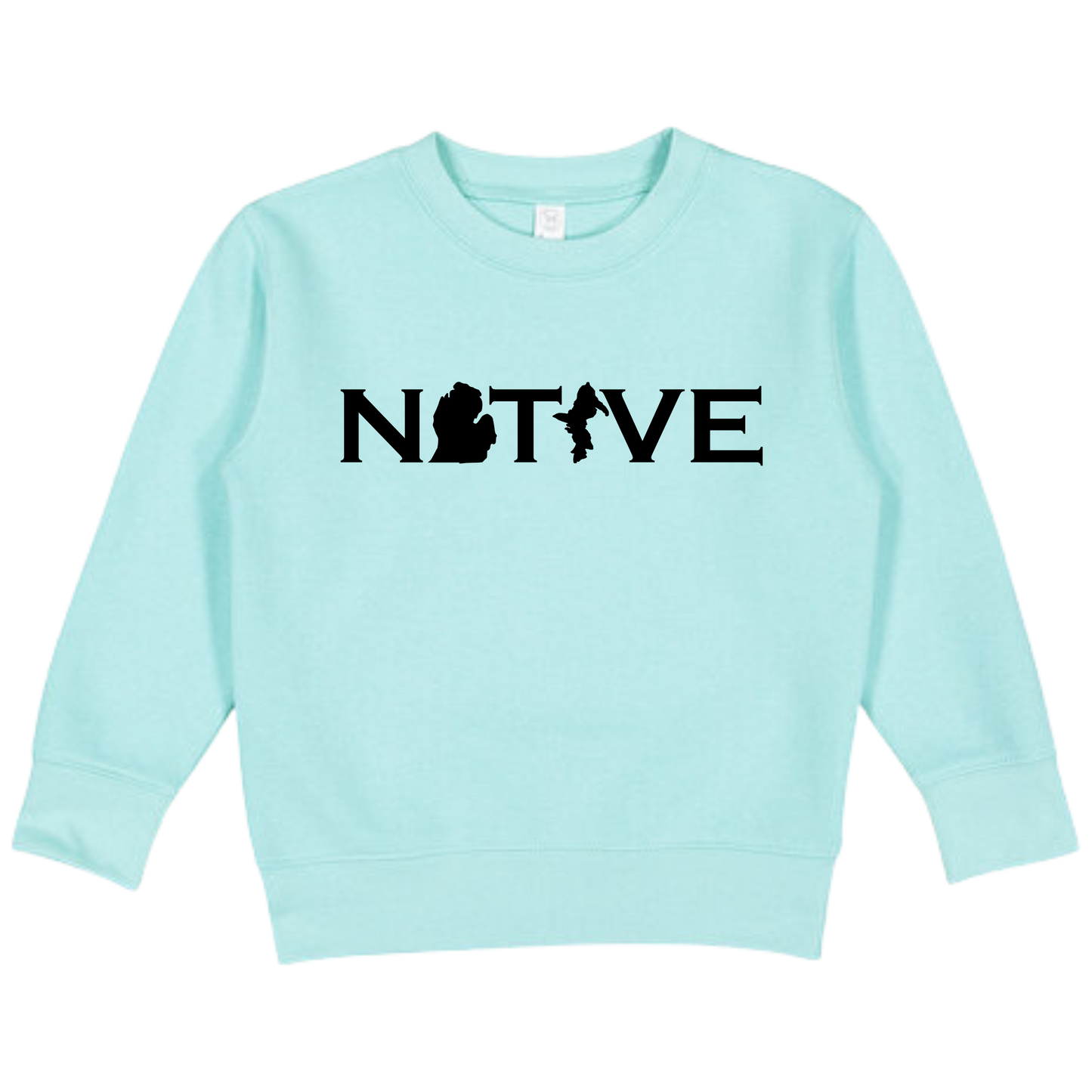 Light blue toddler crewneck sweatshirt with MI Native design across the chest