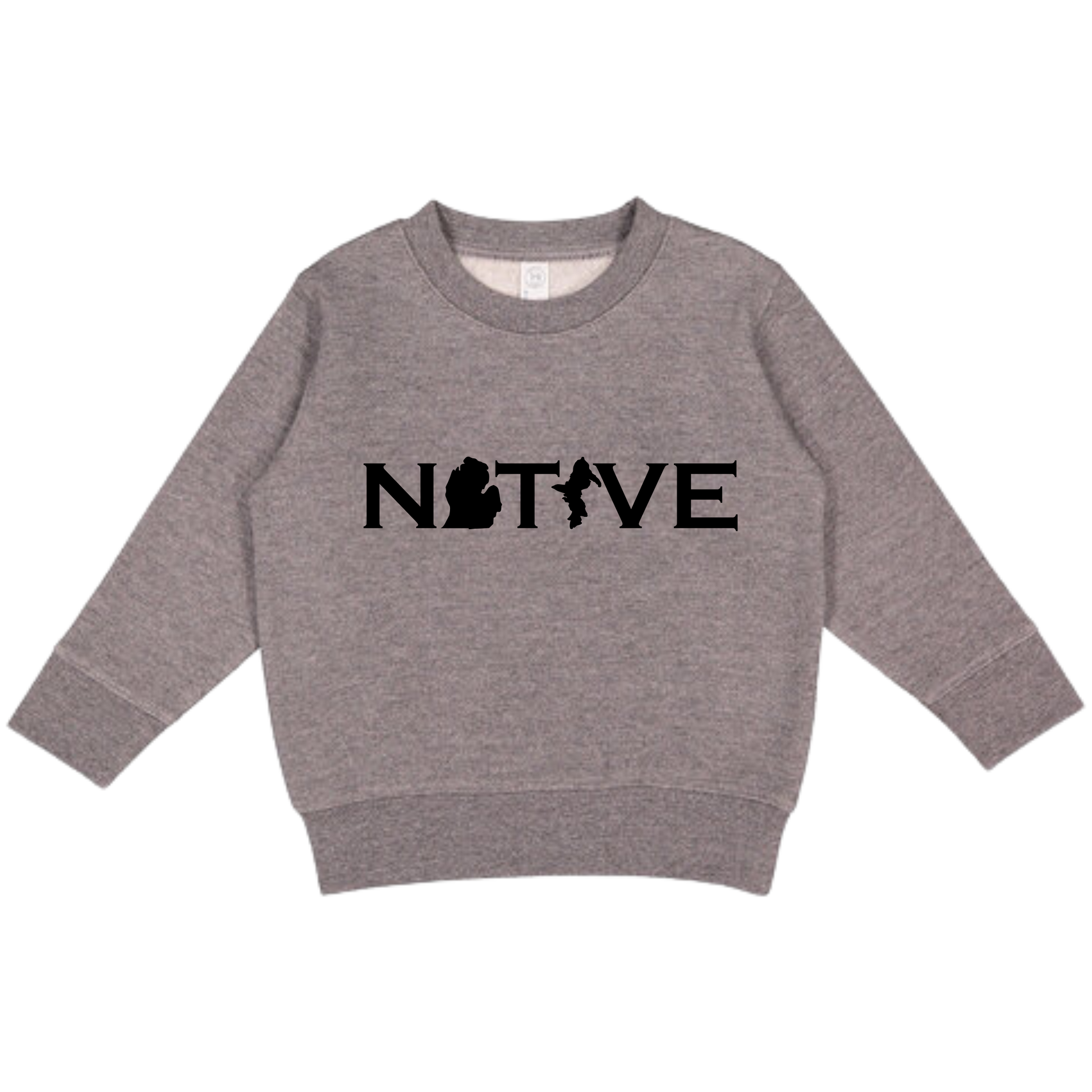 Gray toddler crewneck sweatshirt with MI Native design across the chest