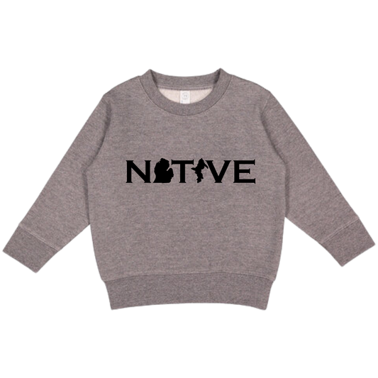 Gray toddler crewneck sweatshirt with MI Native design across the chest