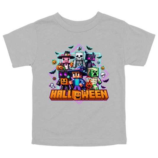 Athletic Gray Kids Halloween t-shirt with Minecraft-inspired pixel characters dressed in costumes surrounded by pumpkins, bats, and spooky details