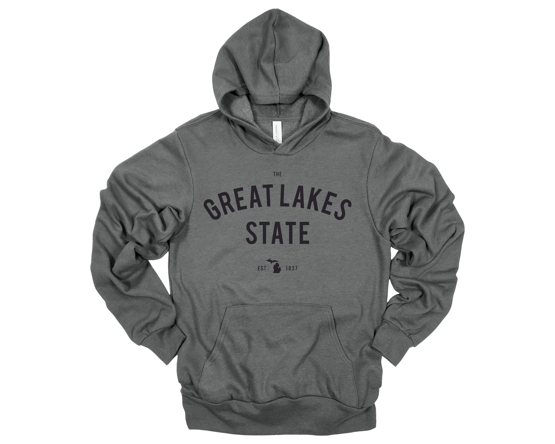 Cozy deep heather gray hoodie with Michigan pride design displayed in a modern, neutral-toned setting.