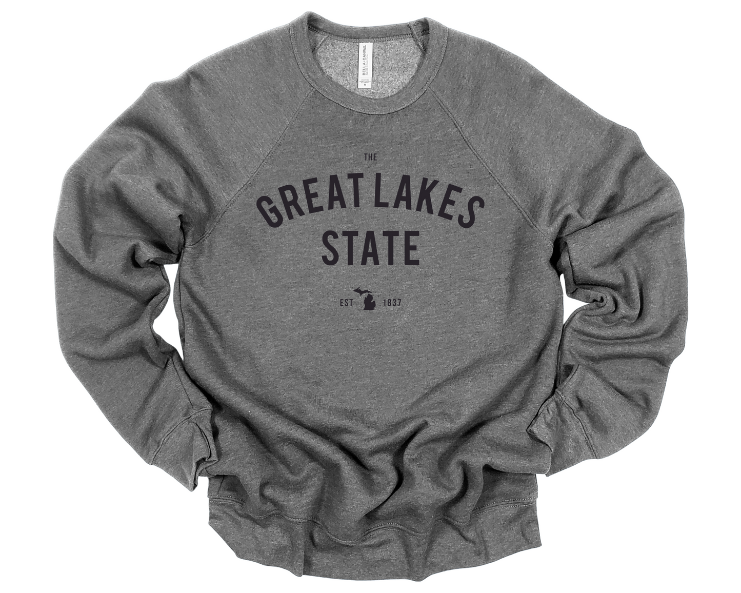 Deep Heather Gray unisex crewneck sweatshirt with arched “Great Lakes State” text and Michigan silhouette graphic in black