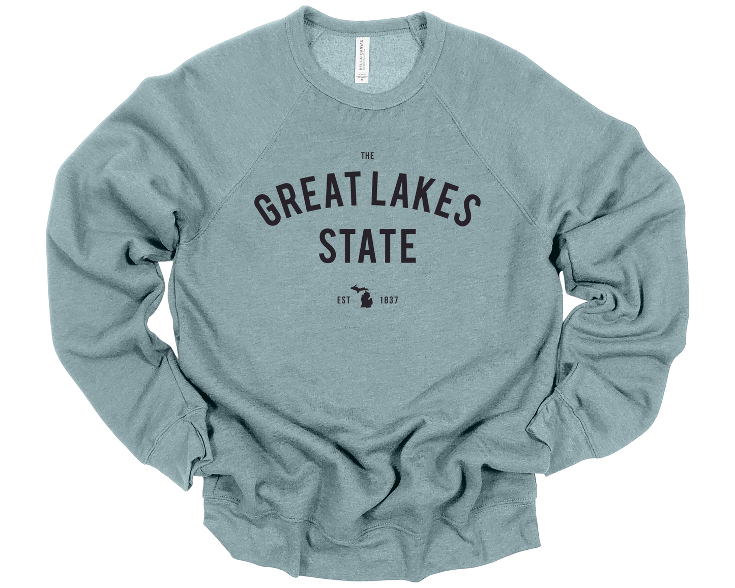 Lagoon blue unisex crewneck sweatshirt with arched “Great Lakes State” text and Michigan silhouette graphic in black