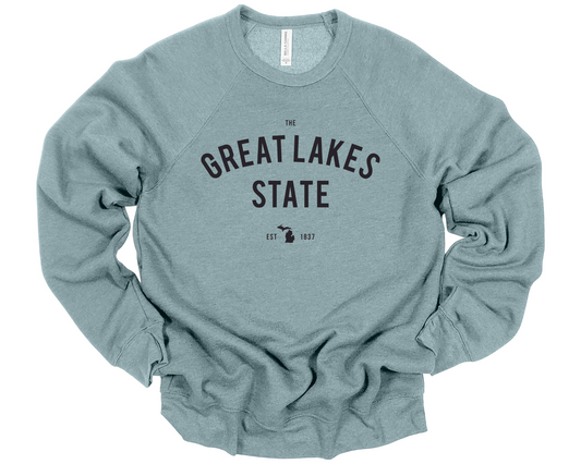 Lagoon blue unisex crewneck sweatshirt with arched “Great Lakes State” text and Michigan silhouette graphic in black