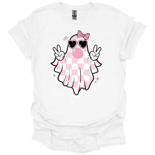 Pink checkered ghost with peace signs, heart sunglasses, and a bow blowing bubblegum – printed on a youth white t-shirt.