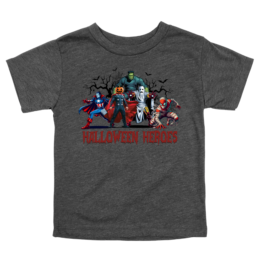 Dark Gray Toddler Halloween tee with cartoon-style hero characters and "Halloween Heroes" text