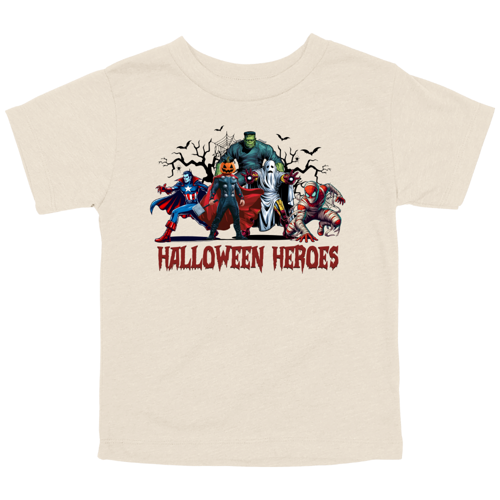 Natural Toddler Halloween tee with cartoon-style hero characters and "Halloween Heroes" text