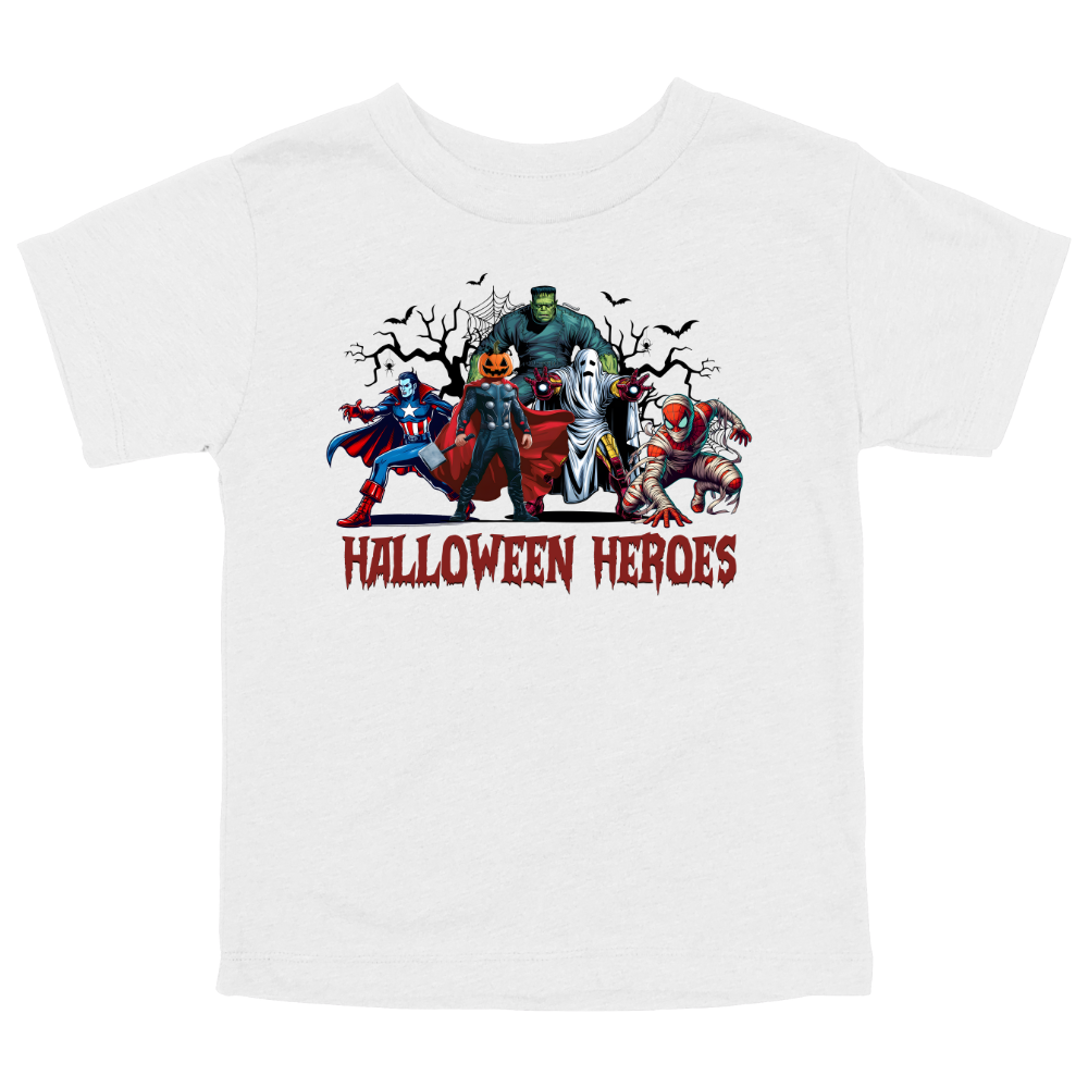White Toddler Halloween tee with cartoon-style hero characters and "Halloween Heroes" text