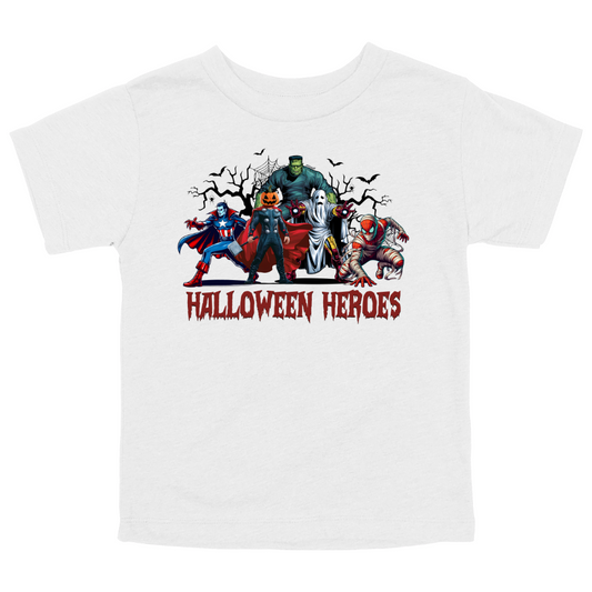 White Toddler Halloween tee with cartoon-style hero characters and "Halloween Heroes" text