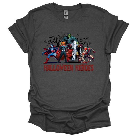 Youth Halloween shirt with superhero characters in spooky costumes and text "Halloween Heroes" on dark gray tee.