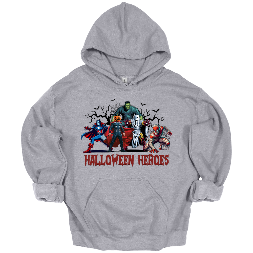 Youth Halloween shirt with superhero characters in spooky costumes and text "Halloween Heroes" on light gray hoodie