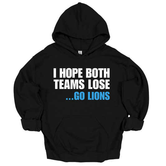 Black hoodie with bold white and blue phrase showing Detroit football rivalry attitude