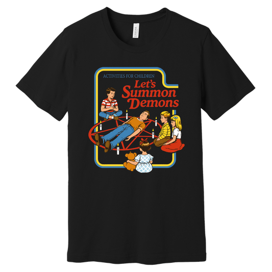 Let’s Summon Demons Tee - black
Retro-style graphic t-shirt with cartoon children around a pentagram and text reading “Let’s Summon Demons”