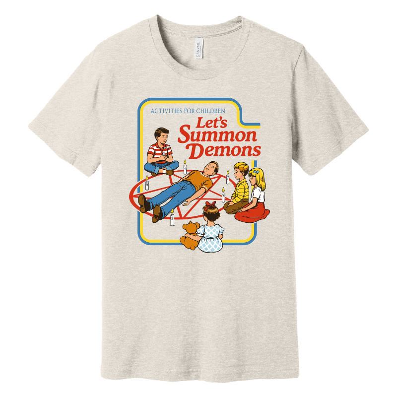 Let's Summon Demons Tee- Natural Retro-style graphic t-shirt with cartoon children around a pentagram and text reading “Let’s Summon Demons”