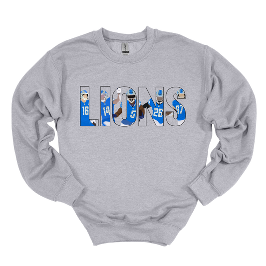 Ash gray crewneck sweatshirt featuring a faceless cartoon “LIONS” design with Detroit football players inside each letter