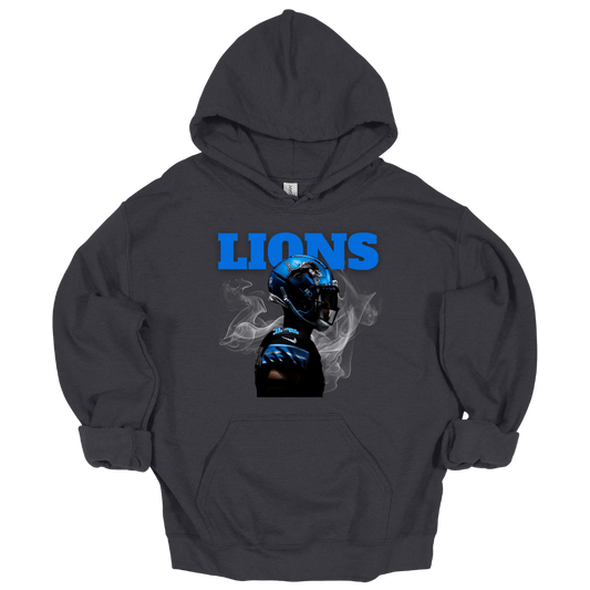 Charcoal Dark gray hoodie with bold LIONS text and smokey football helmet artwork.