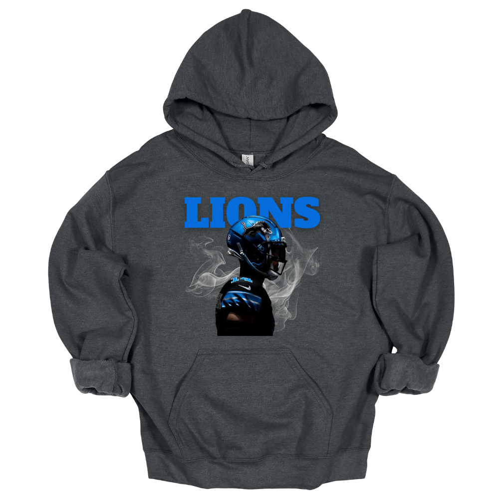 Dark Heather gray hoodie with bold LIONS text and smokey football helmet artwork.