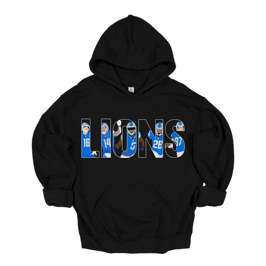 Black unisex hoodie featuring the word “LIONS” filled with illustrated players in Detroit football uniforms.