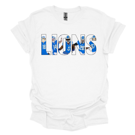White T-shirt featuring the word 'LIONS' in bold, outlined capital letters. Inside the letters, there are illustrated images of Detroit football players wearing blue uniforms, captured in action poses. The design is clean and modern, making it a great choice for Detroit football fans.