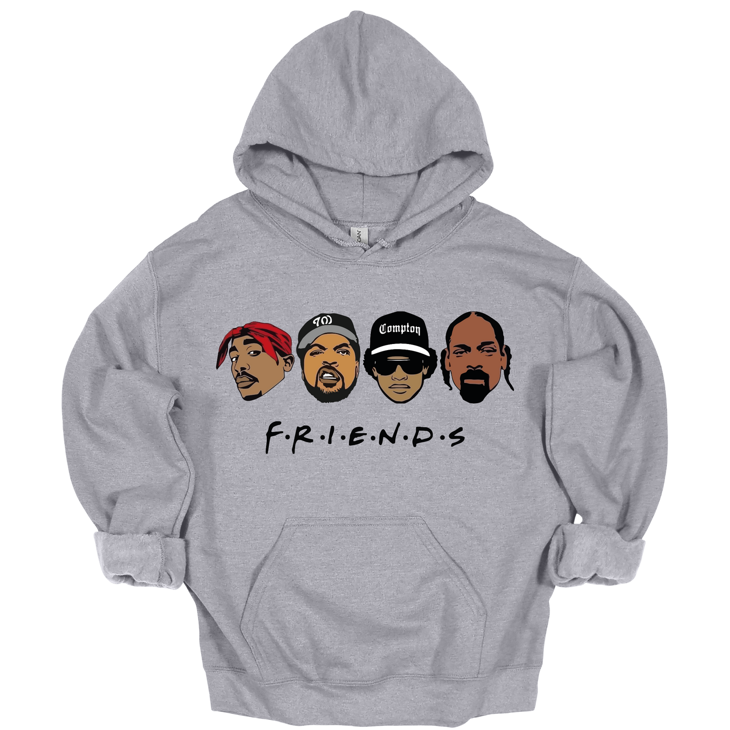Gray hoodie with cartoon illustrations of four iconic West Coast rappers on the front - Tupac, Ice Cube, Eazy E, Snoop Dogg