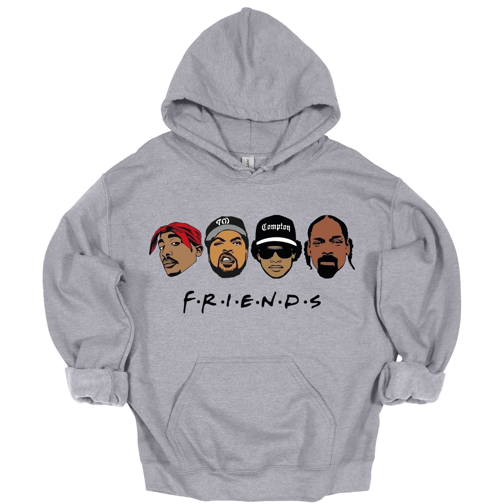 Gray hoodie with cartoon illustrations of four iconic West Coast rappers on the front - Tupac, Ice Cube, Eazy E, Snoop Dogg