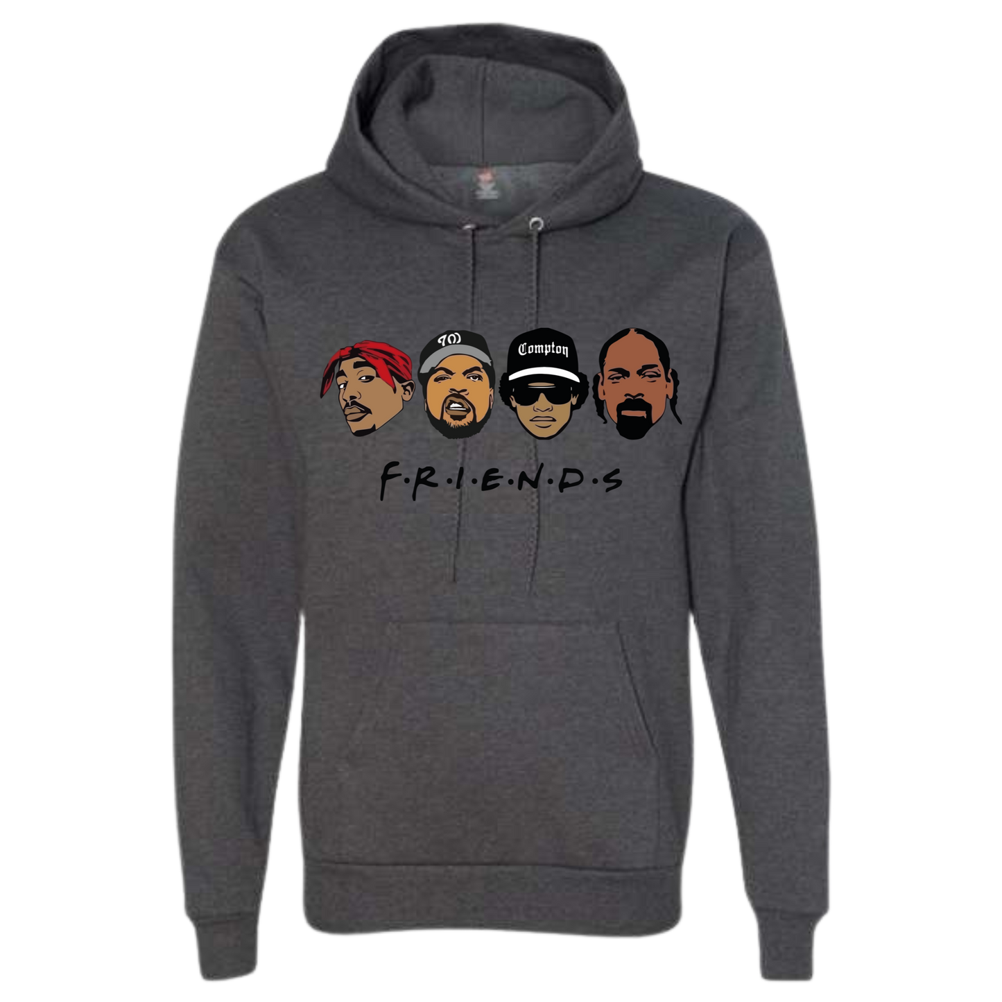 Charcoal Heather hoodie with cartoon illustrations of four iconic West Coast rappers on the front - Tupac, Ice Cube, Eazy E, Snoop Dogg