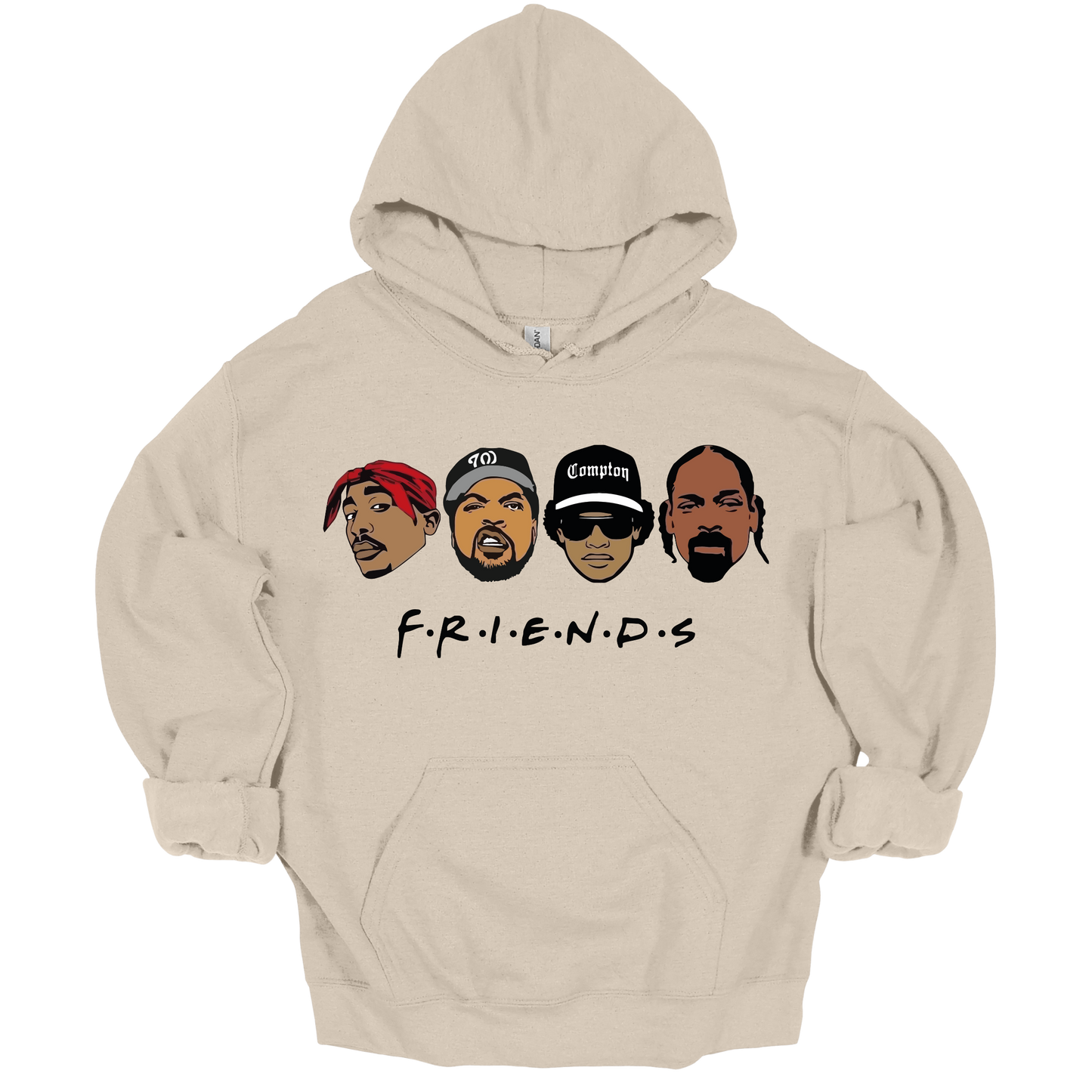 Natural Colored hoodie with cartoon illustrations of four iconic West Coast rappers on the front - Tupac, Ice Cube, Eazy E, Snoop Dogg
