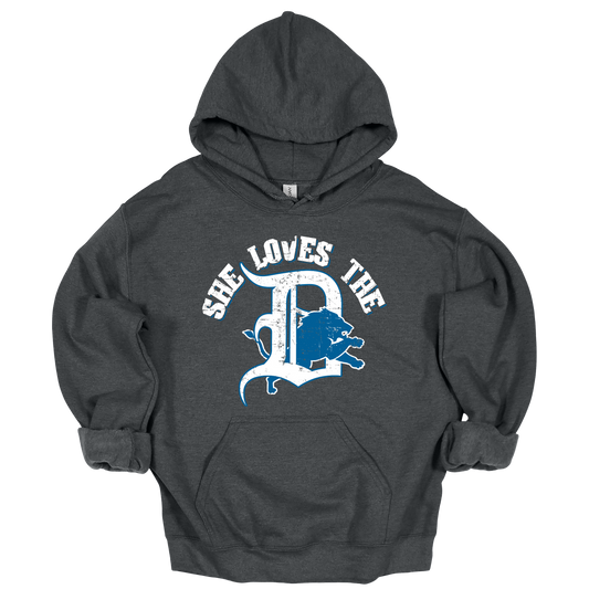 Charcoal heather hoodie with distressed Detroit-style graphic text in white and blue